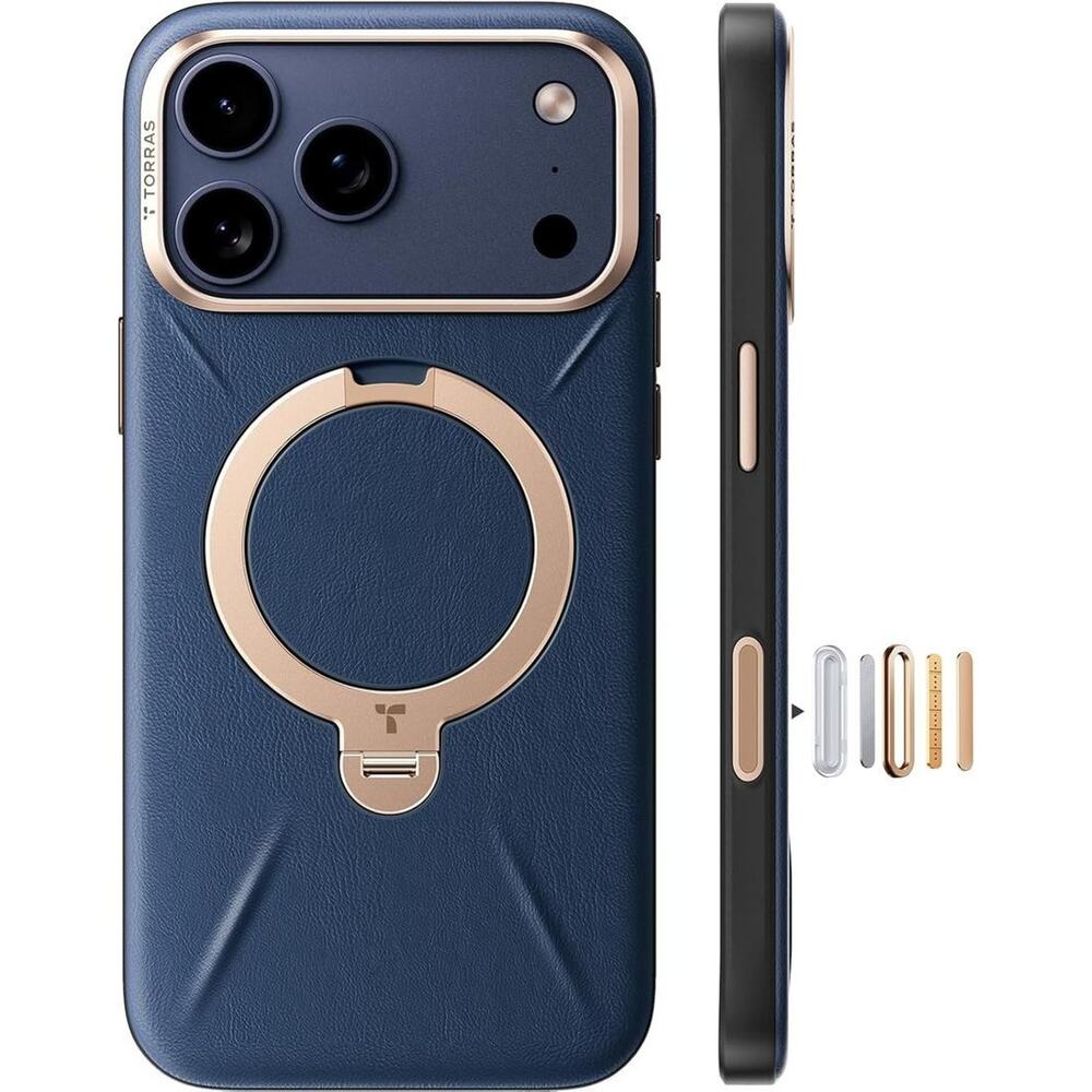 TORRAS Organic Leather Case for iPhone 17 Pro 360 Spin Stand Deep Blue NEW OB